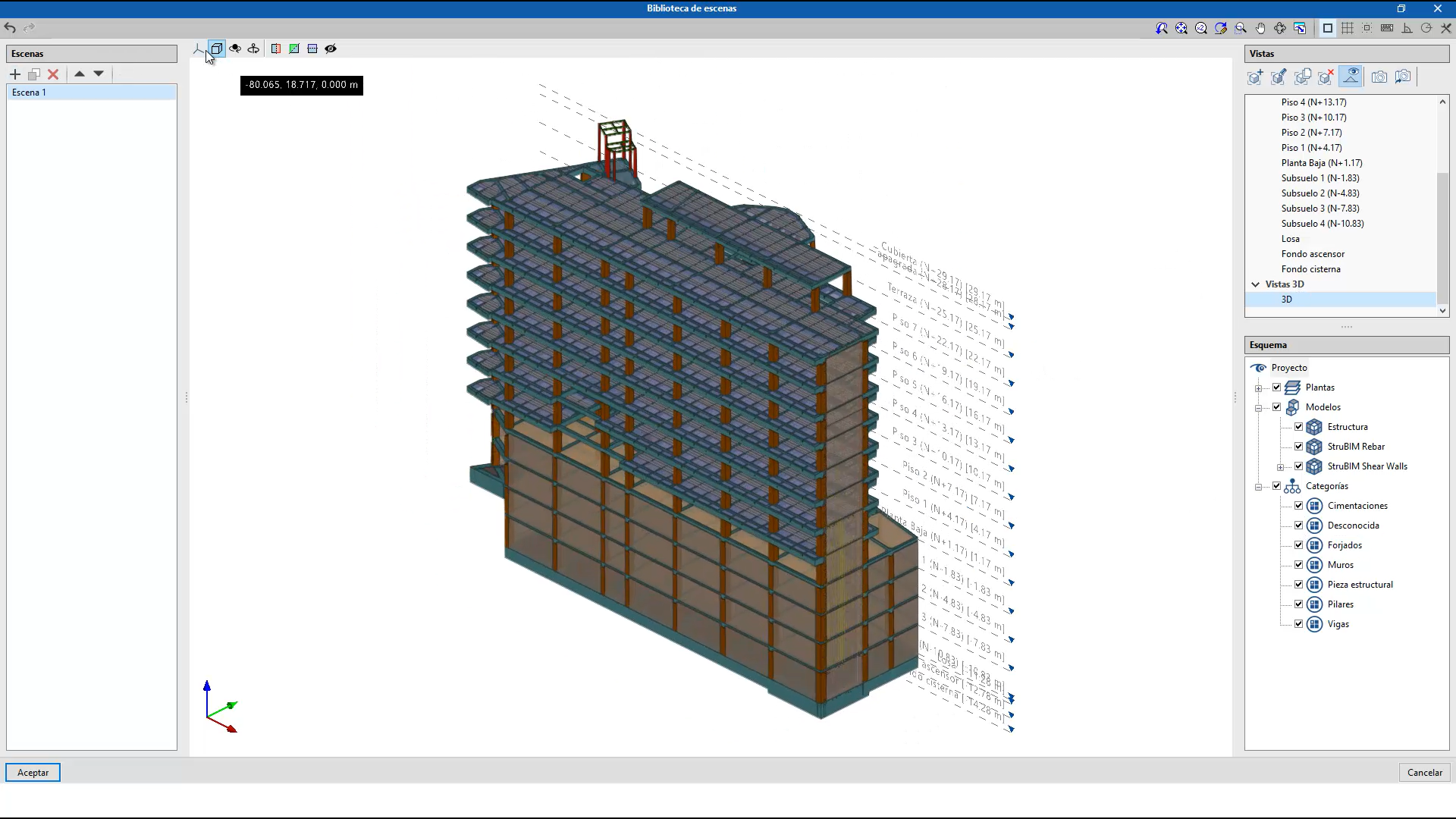 Imagen del edificio en el software OPEN Bim Layout, activando y desactivando capas podremos llegar a ver aquello que deseemos visualizar con precisión y de forma individual, elemento por elemento.