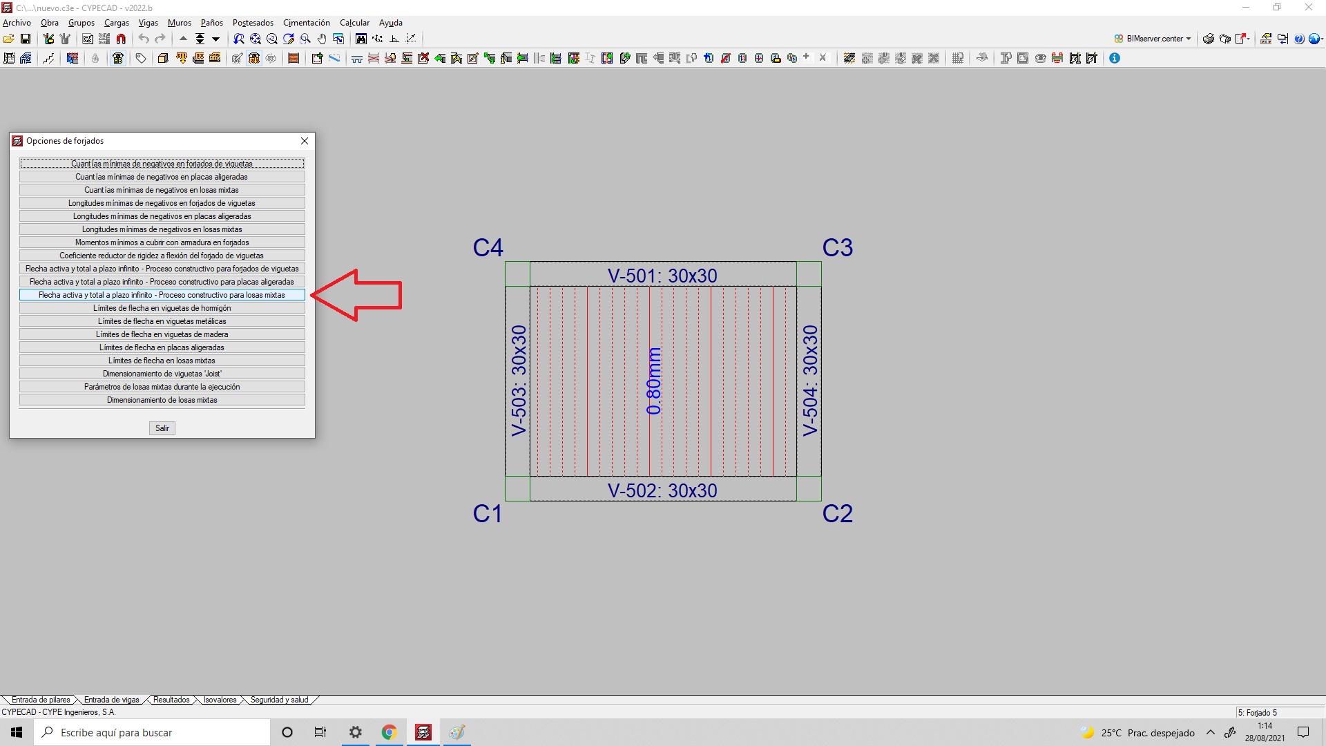 Paso 2, nos introducimos en el menú indicado, opciones de forjados o losas