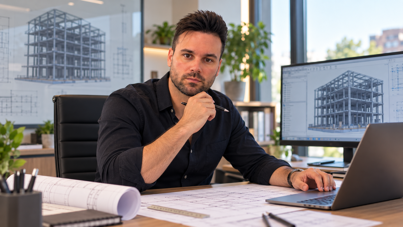 Profesional de Medifestructuras trabajando en cálculo estructural